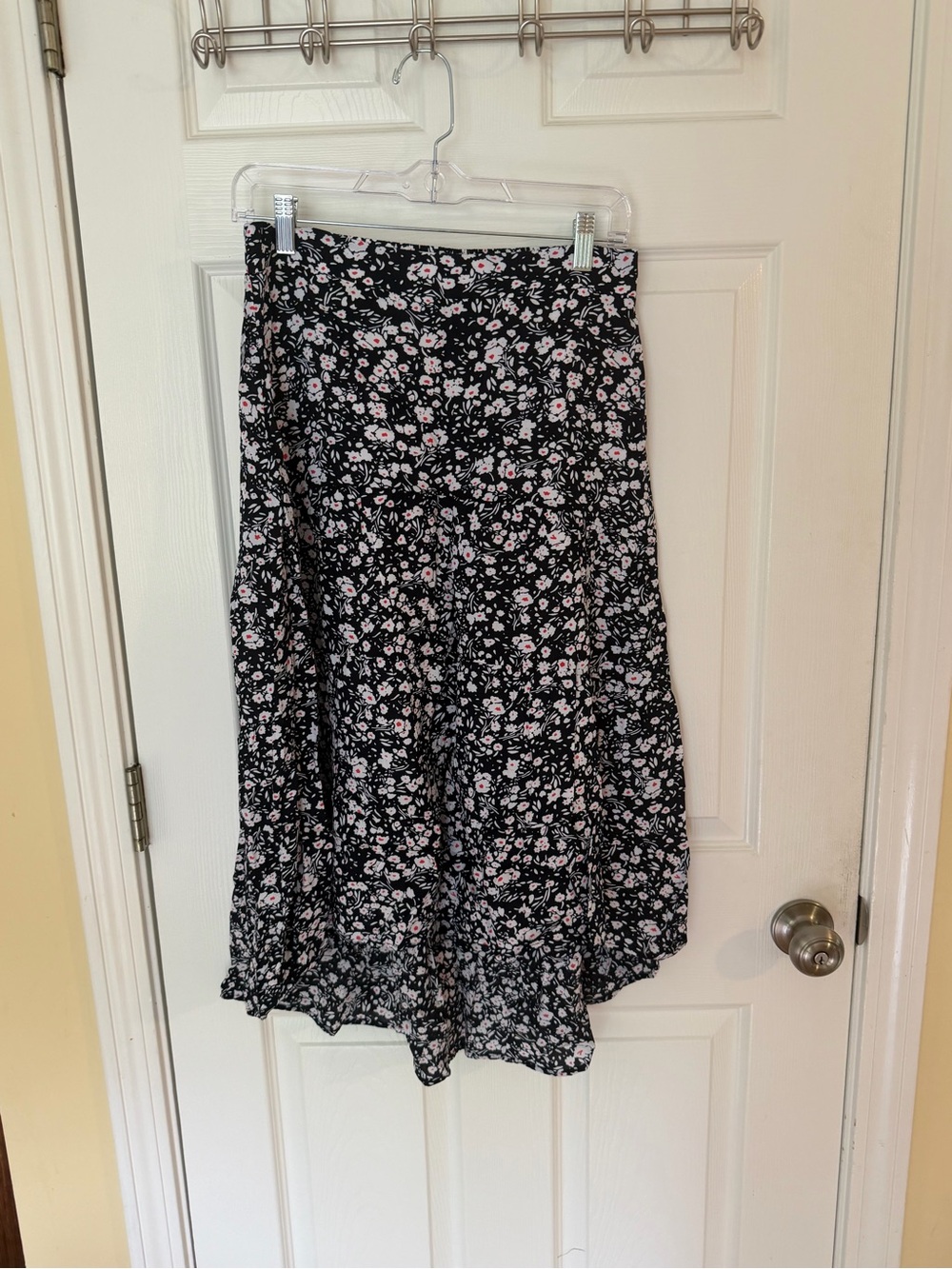 Black Floral Midi Skirt with Pink and White Blooms
